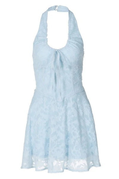 Vestido corto de vacaciones con estampado floral de jacquard, cintura baja, lazo y cuello halter