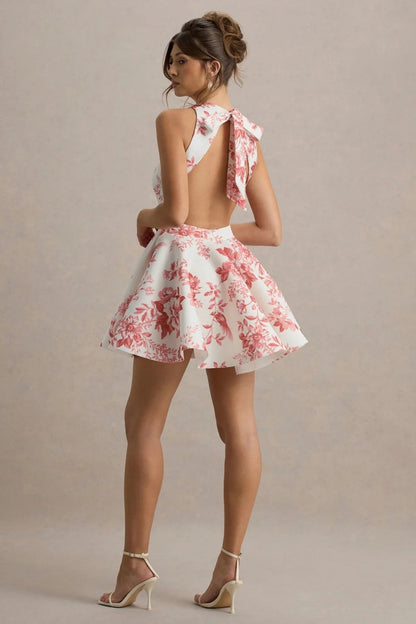 Vestido mini patinador sin mangas con cuello nadador y estampado de porcelana rosa