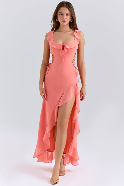 Coral Georgette Ruffle Maxi Dress