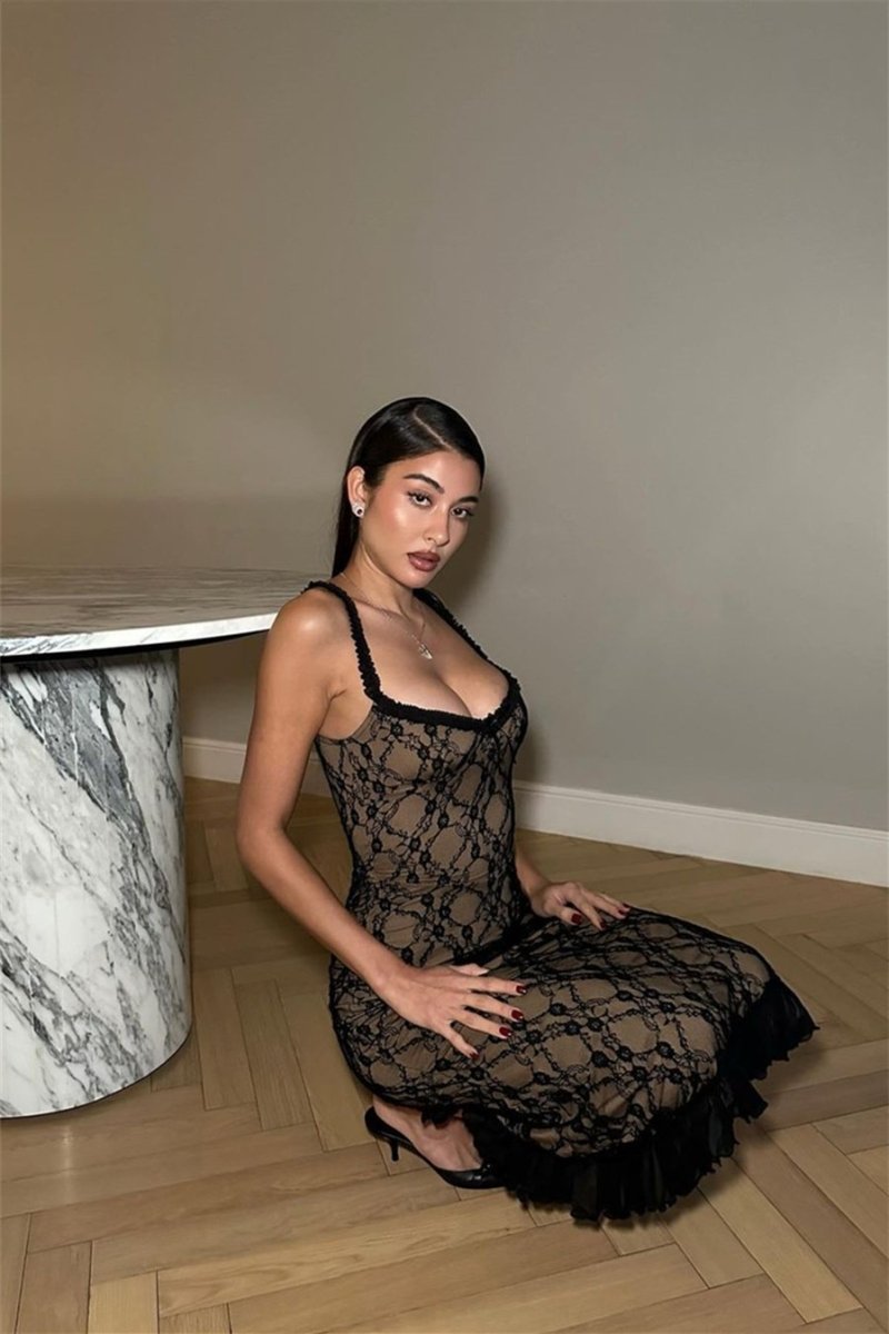 Vestido largo con volantes de encaje floral Ina