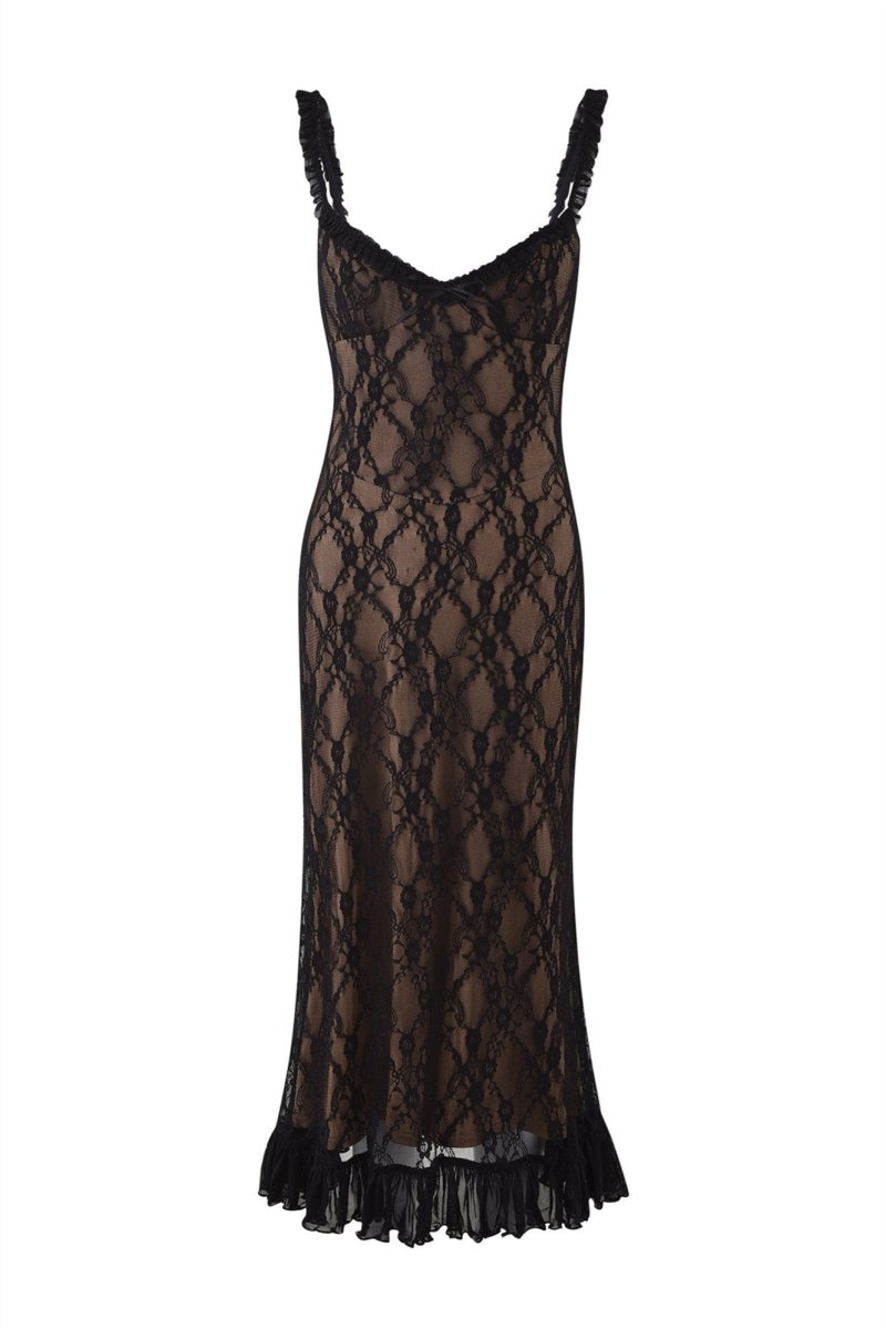 Vestido largo con volantes de encaje floral Ina