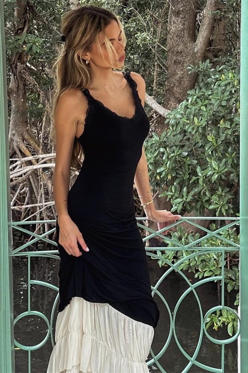 Vestido largo Irene con escote en V y ribete de encaje