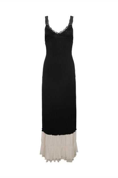 Vestido largo Irene con escote en V y ribete de encaje