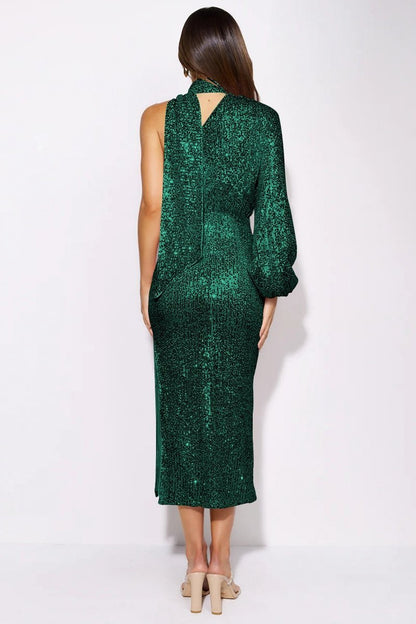 Vestido midi asimétrico con cuello halter y lentejuelas Judith