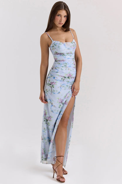 Vestido midi con abertura y estampado floral azul