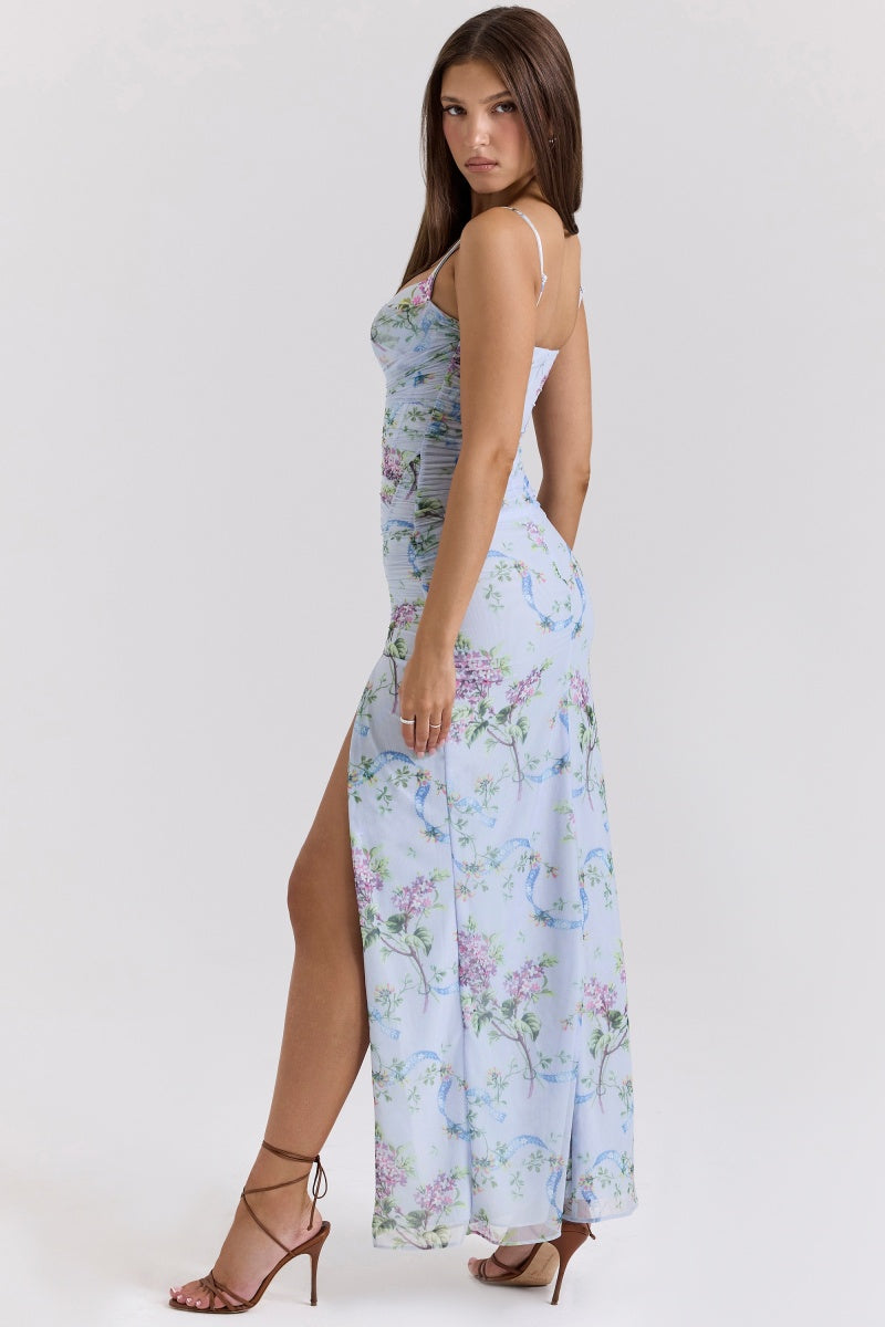 Vestido midi con abertura y estampado floral azul