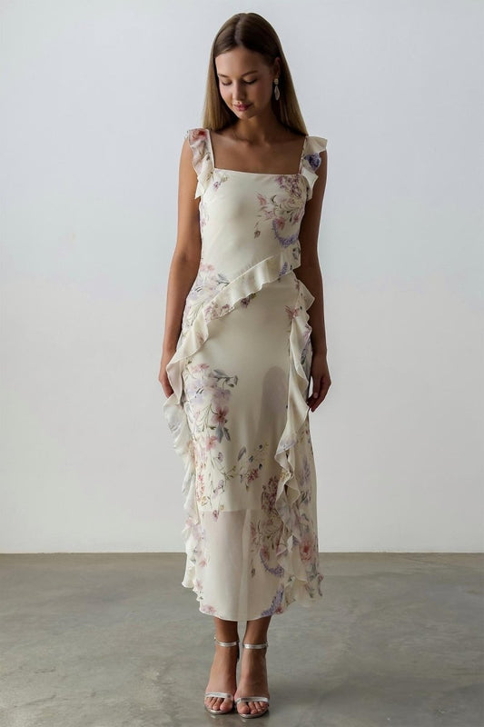 Naomi – Camisole-Midikleid mit Schlitz und Blumenmuster und Rüschenbesatz