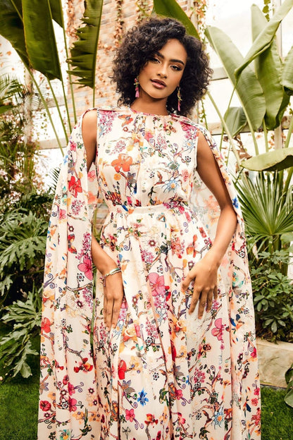 Vestido largo con mangas capa y cuello redondo Nola