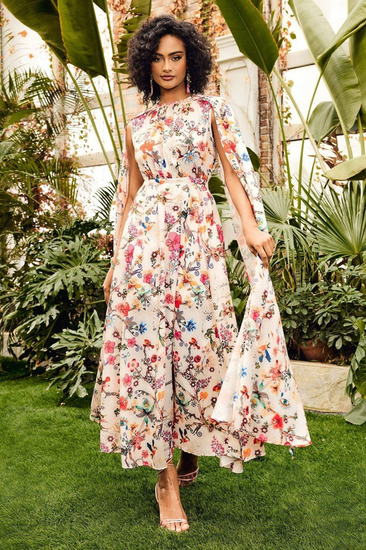 Nola Maxikleid mit Rundhalsausschnitt und Cape-Ärmeln