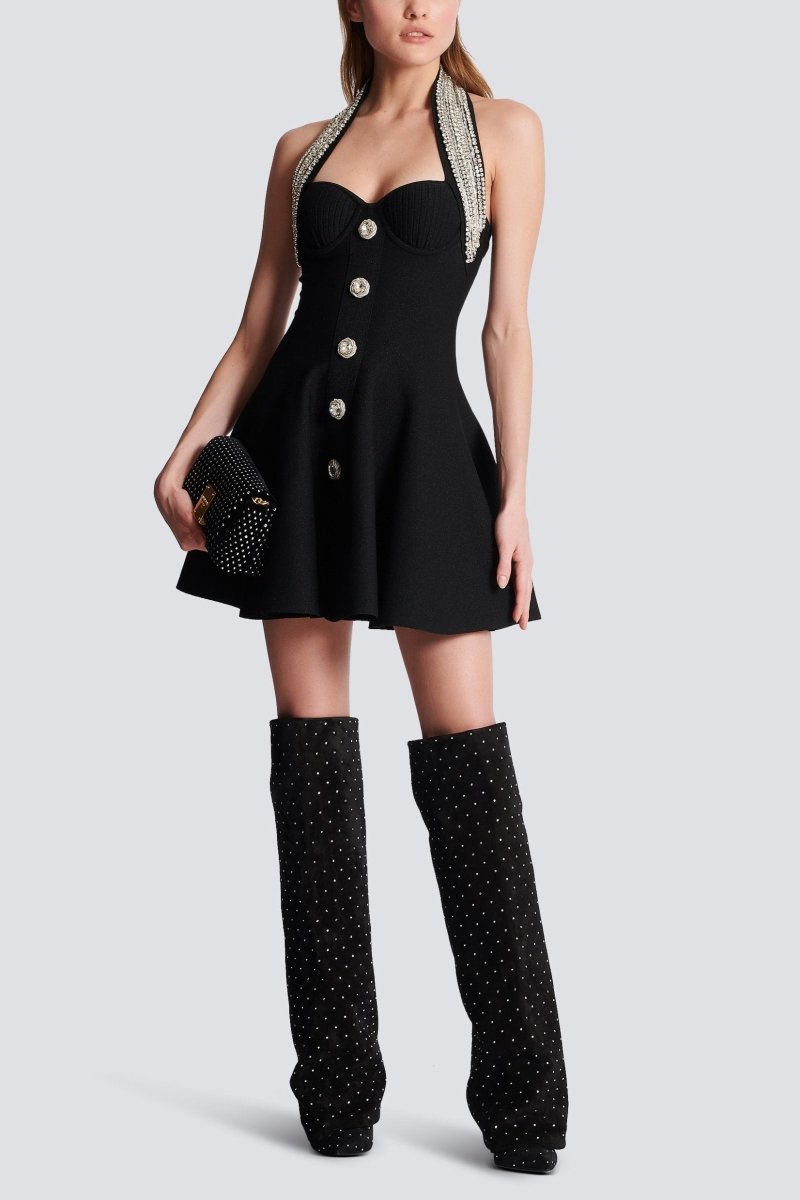 Patricia – Neckholder-Mini-Strickkleid mit Kristallverzierung