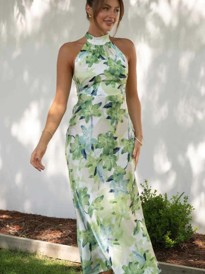 Gill Printed Halterneck Backless Satin Midi Dress