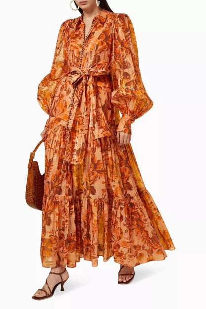 Queena Maxi-Jurk mit Ballonmouwen im Druck