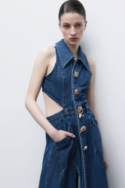 Regina Maxikleid aus Denim mit Reverskragen und Cut-outs