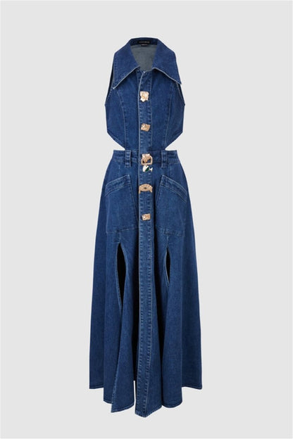 Regina Maxikleid aus Denim mit Reverskragen und Cut-outs