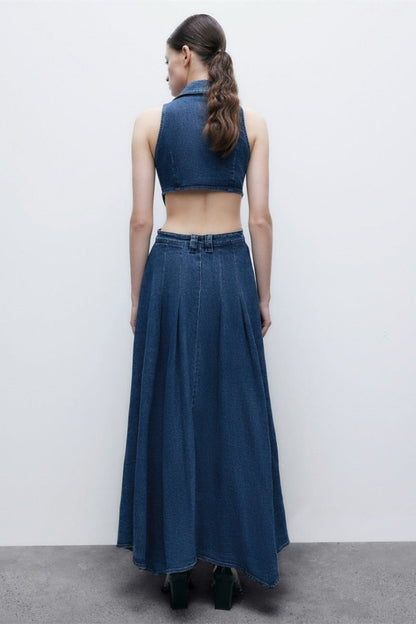 Regina Maxikleid aus Denim mit Reverskragen und Cut-outs