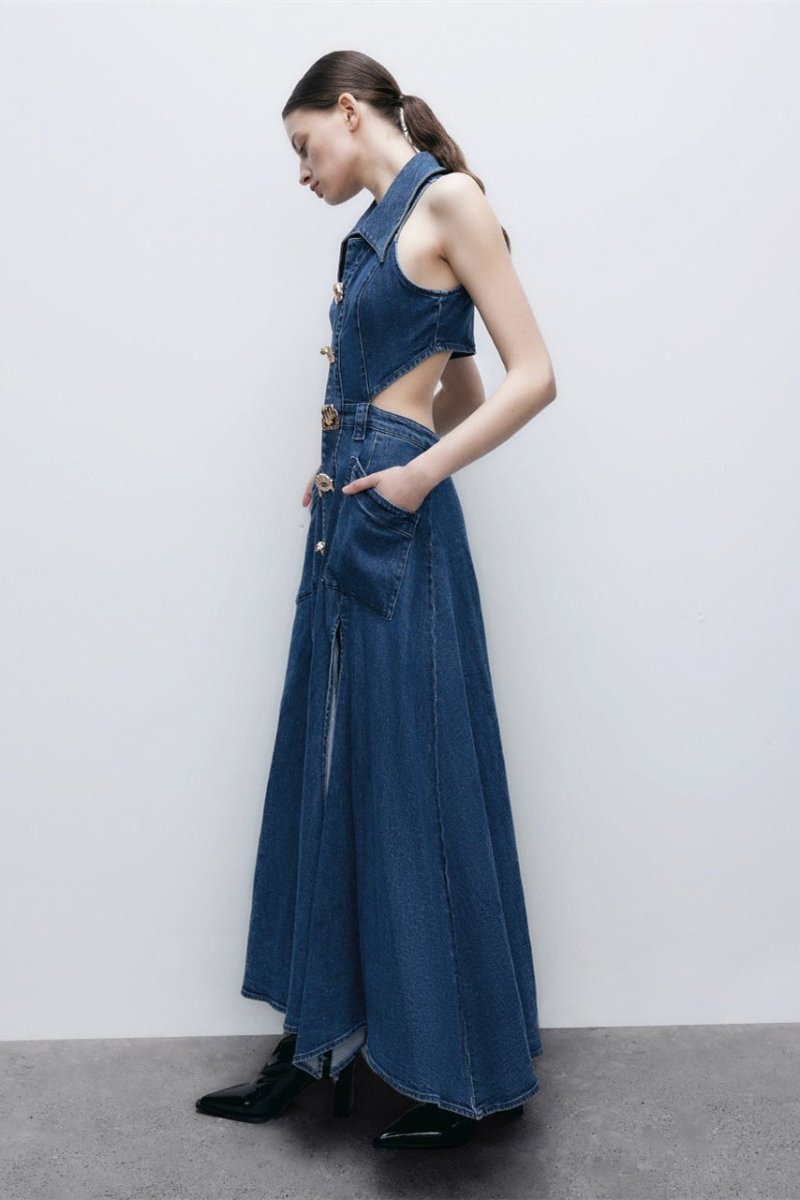 Regina Maxikleid aus Denim mit Reverskragen und Cut-outs