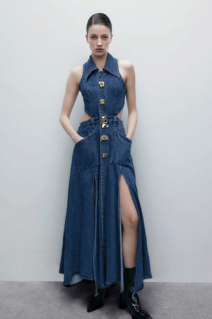 Regina Maxikleid aus Denim mit Reverskragen und Cut-outs