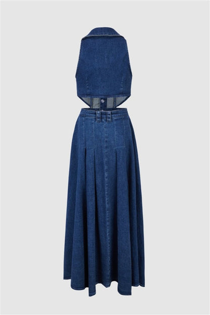 Regina Maxikleid aus Denim mit Reverskragen und Cut-outs