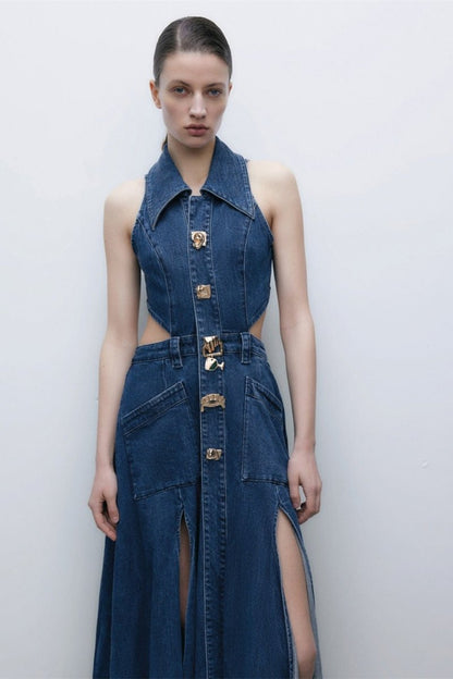 Regina Maxikleid aus Denim mit Reverskragen und Cut-outs