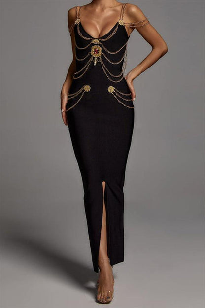 Vestido midi con escote en V y adornos metálicos Setlla