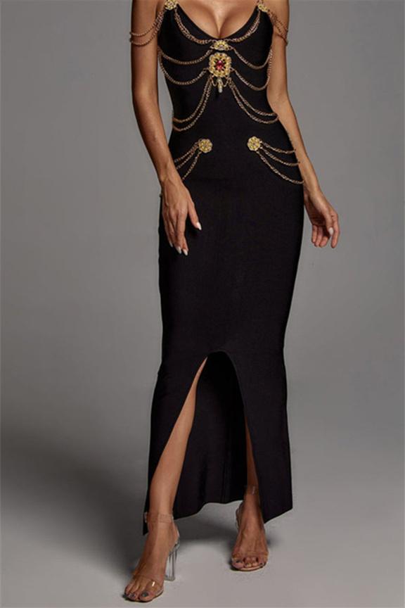 Vestido midi con escote en V y adornos metálicos Setlla