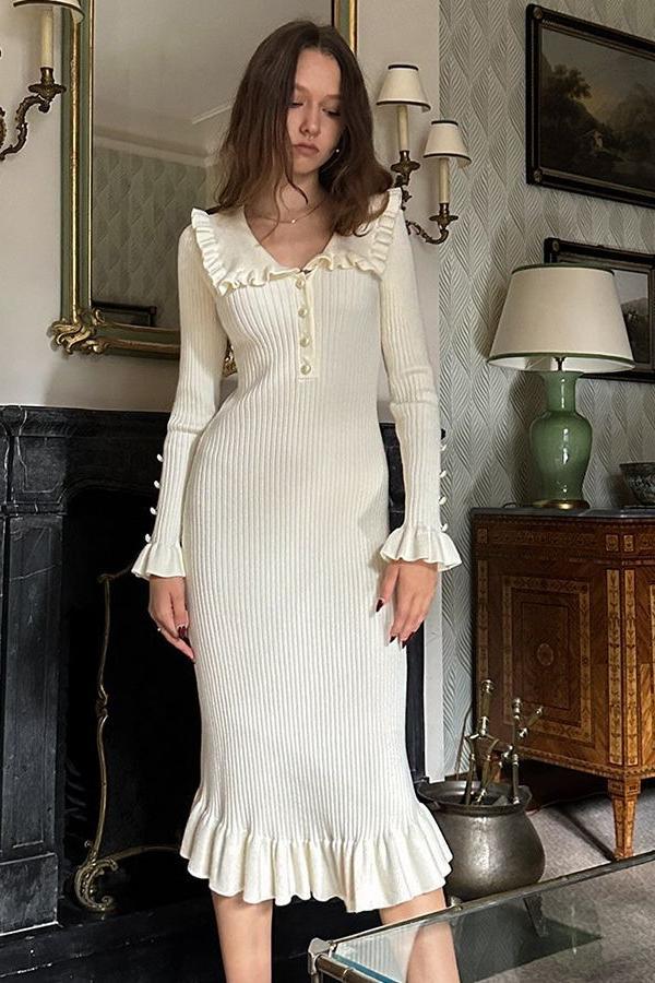Vestido midi de punto con perlas y volantes de Sicily