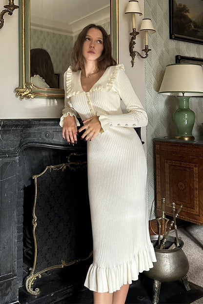 Vestido midi de punto con perlas y volantes de Sicily