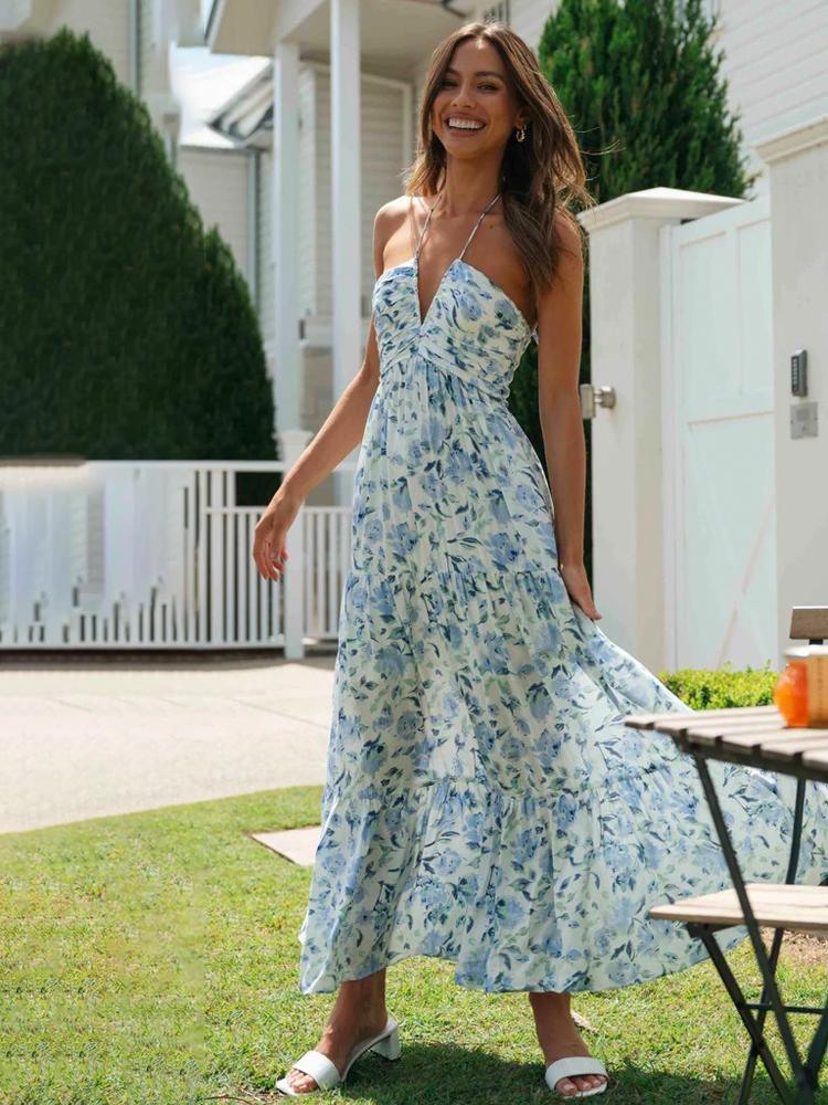 Sue – Maxi-Sommerkleid mit Neckholder und Blumenmuster