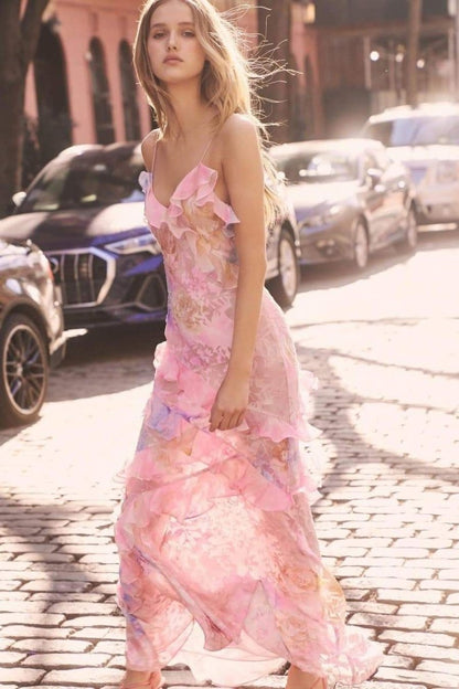 Vestido lencero largo con volantes y estampado floral Virginia