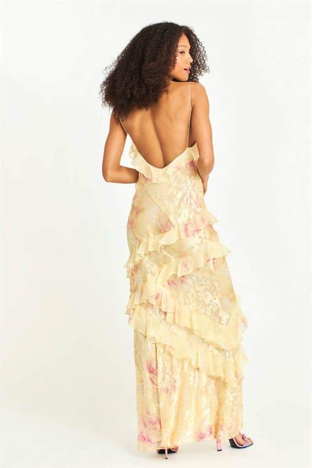 Vestido lencero largo con volantes y estampado floral Virginia